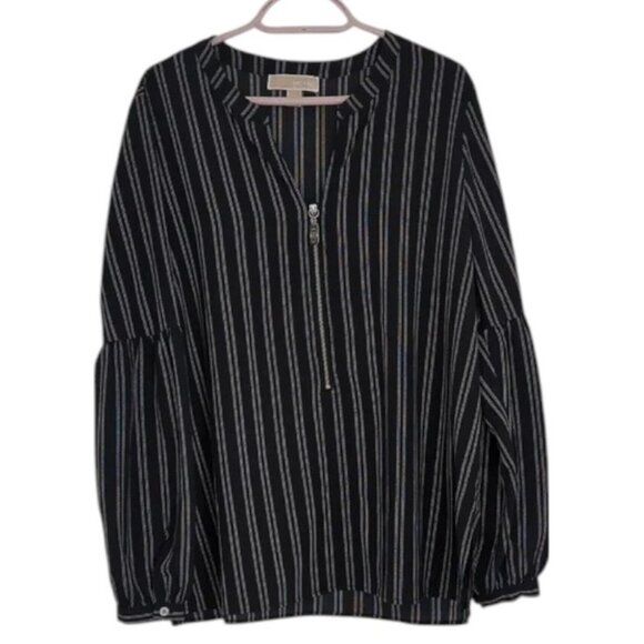 Michael Kors black and white striped blouse low-cut V-neck size US L - Picture 2 of 6
